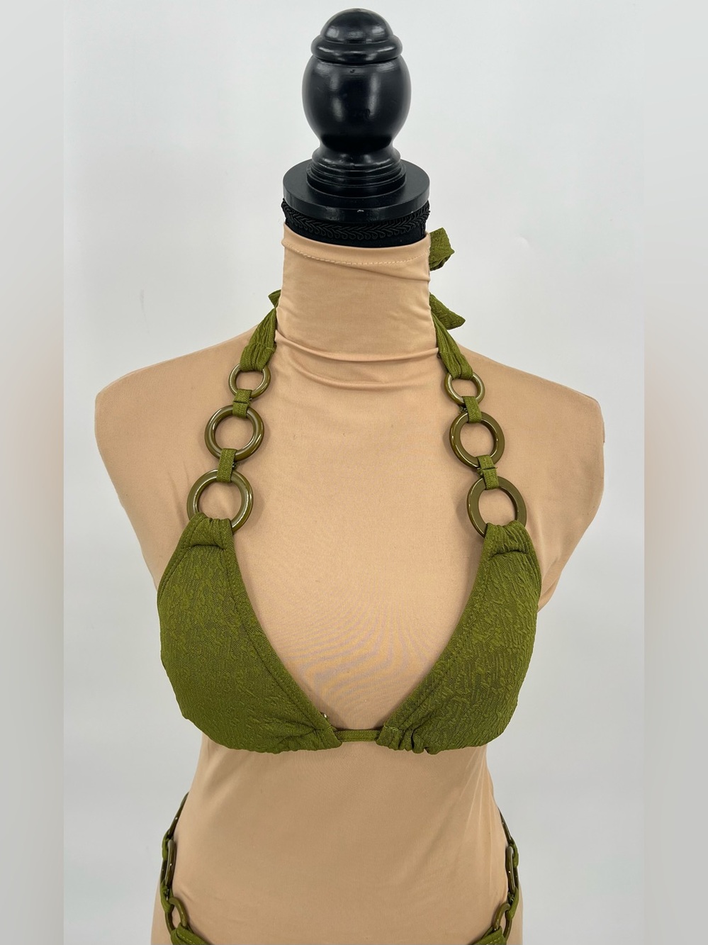 Olive green ring detail textured bikini S euro summer resortwear tulum swimwear - Picture 8 of 14